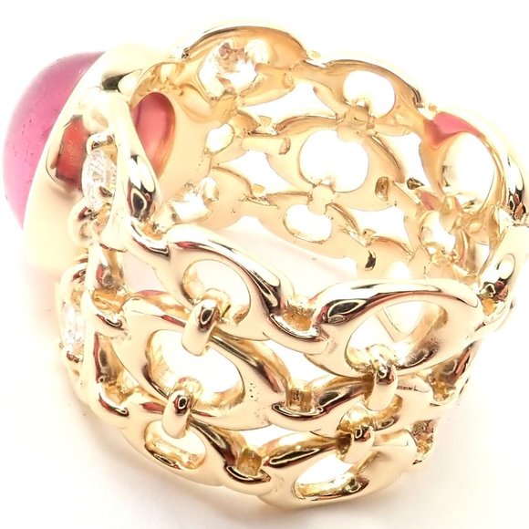 Authentic Christian Dior 18k Yellow Gold Diamond Large Pink Tourmaline Band Ring - Picture 5 of 9